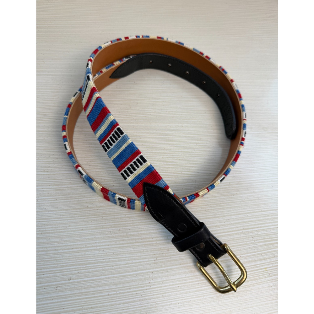 Men's Needlepoint Belt Blue/Red/Cream/Black Size 40 Geometric Brass Quality
